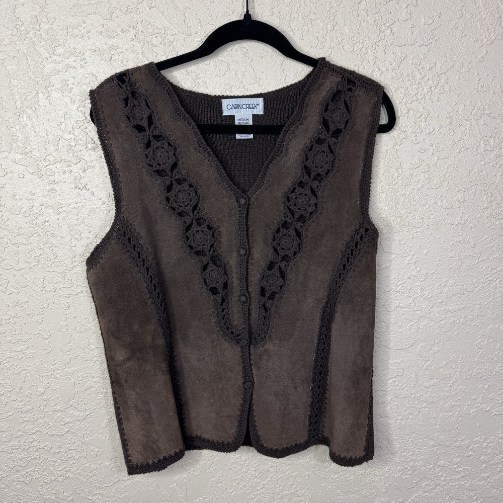 VTG Cabin Creek Womens Leather & Crochet Sweater Vest Size M Brown Boho Western